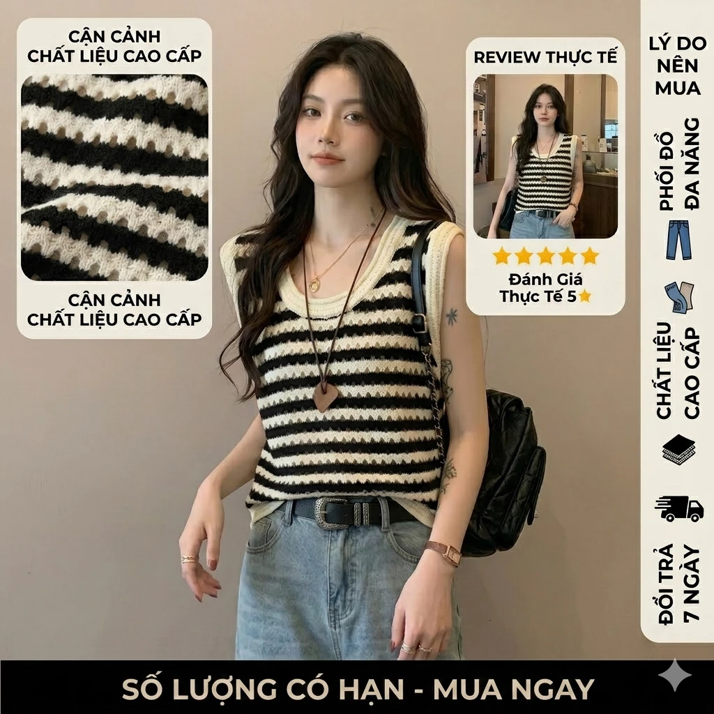 Áo 3 Lỗ Nữ Dệt Kim Form Ôm Tôn Eo Chất Đẹp Phong Cách Hàn