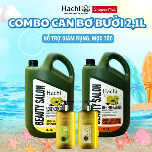 Combo can gội xả 2.1L kèm combo bơ bưởi 350ml hỗ trợ giảm rụng, giúp mọc tóc Regenerating Hachi