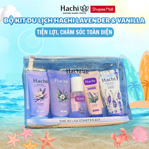 KIT Mỹ Phẩm Du Lịch Hachi Lavender, Vanilla Mỹ Phẩm Mini gồm Dầu Gội, Dầu Xả, Sữa Tắm, Xịt Dưỡng Thể