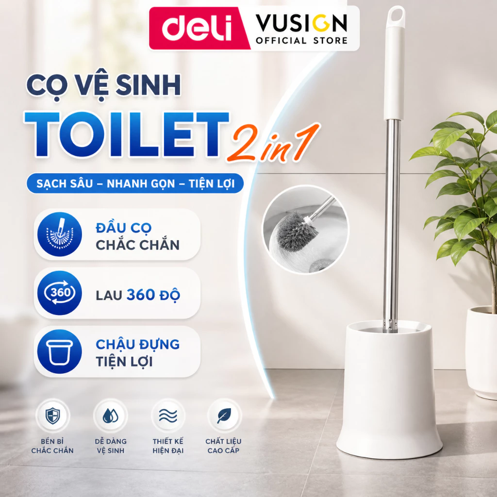 Chổi Cọ Nhà Vệ Sinh Toilet Deli Vusign - Cọ Bồn Cầu Kèm Hộp Đựng Tay Cầm Có Móc Treo