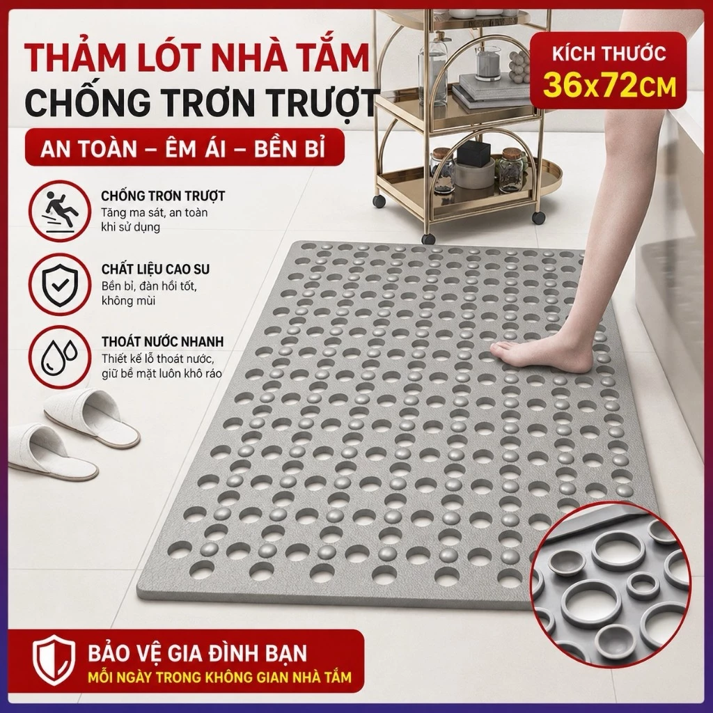 Thảm Lót Nhà Tắm Chống Trơn Trượt Chất Liệu Cao Su Kích Thước 36cm x 72cm Sản Phẩm Dùng Trong Nhà Tắm