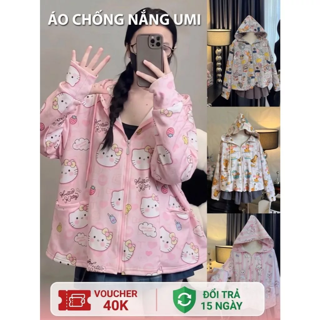 Áo Chống Nắng Họa Tiết Hình Hello Kitty Cute Nhiều Màu Chất Umi Lạnh, Áo Hoodie Nhiều Họa Tiết Form Rộng