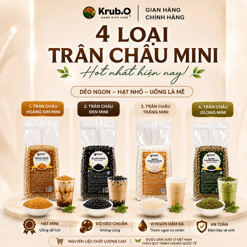 [Chính hãng] Trân châu baby, Đen baby, Olong baby Krub.O  Topping trà sữa nấu 5p, thùng 20kg (1 thùng 1 đơn )