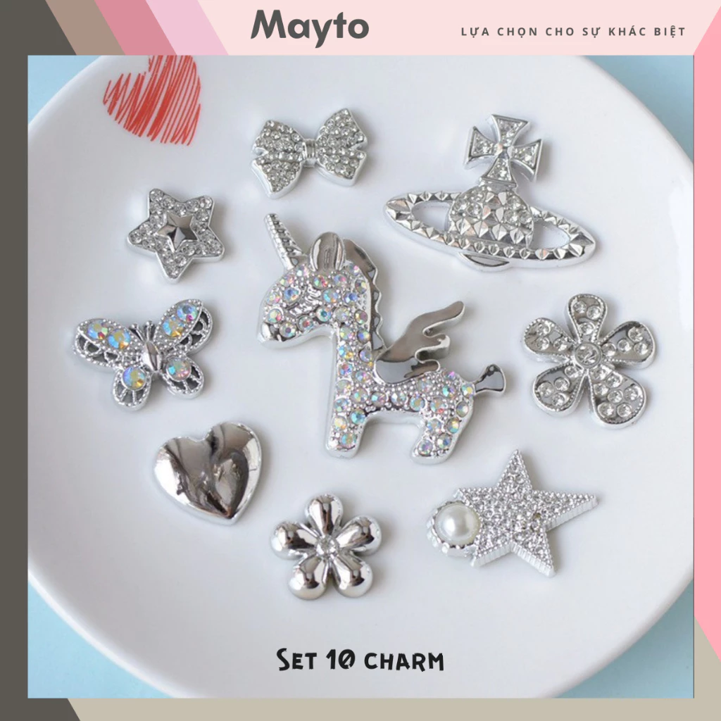 Bộ 10 Sticker, Charm 3D chủ đề Kỳ lân lấp lánh nhựa cứng gắn Dép Sục, Cá Sấu MayTo JB-392
