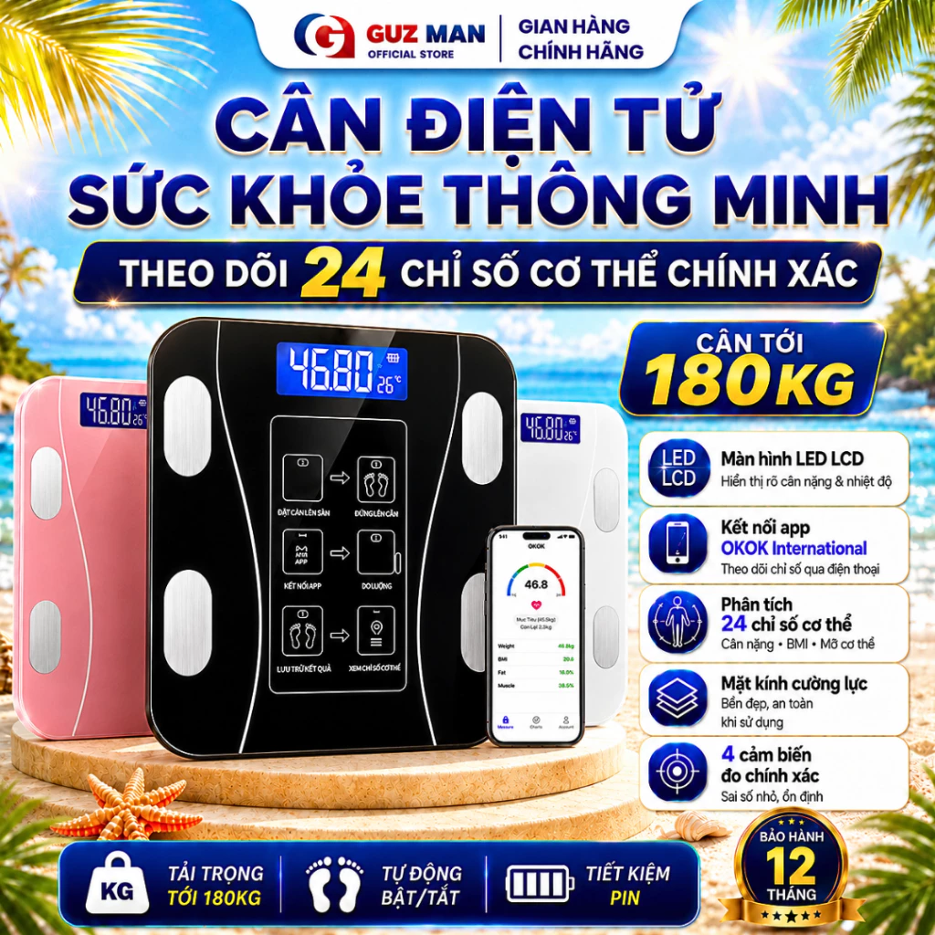 Cân Điện Tử Thông Minh Sạc USB Kết Nối Bluetooth Có App Phân Tích Chỉ Số Cơ Thể Màn Hình Hiển Thị
