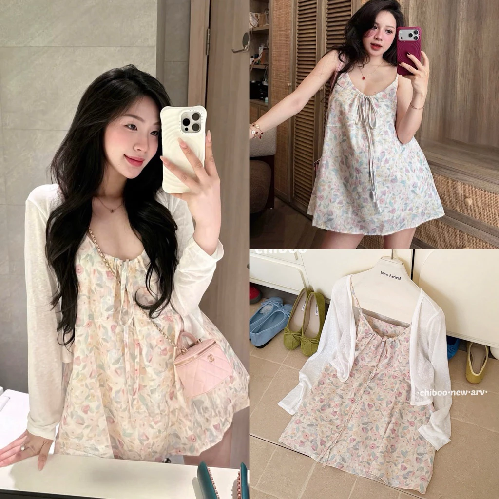 [Hàng Chuẩn QC] Set váy hai dây babydoll hoa lá hồng kèm áo cardigan mỏng khoác ngoài siêu xinh A5664