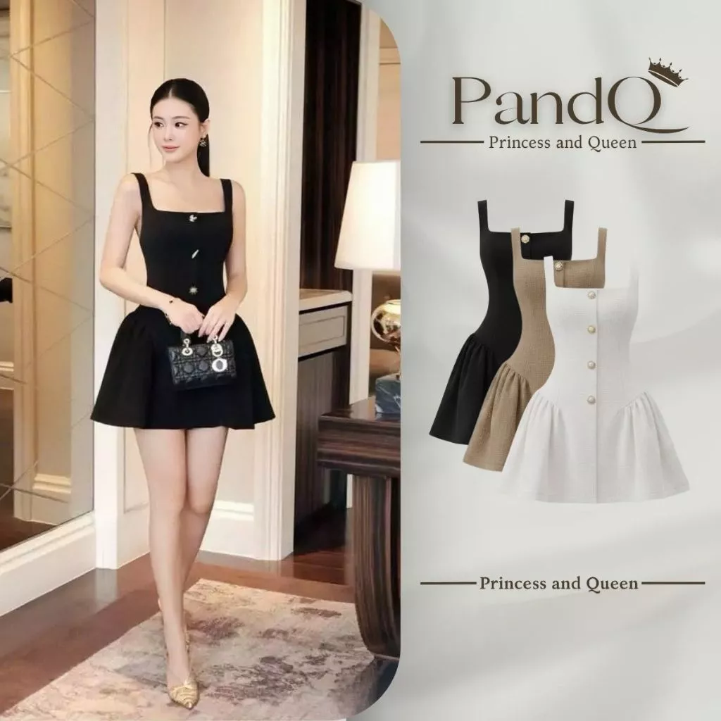 Váy hai dây nữ P&Q đính khuy cổ vuông dáng xòe chiết eo tôn dáng phong cách tiểu thư | vd0124