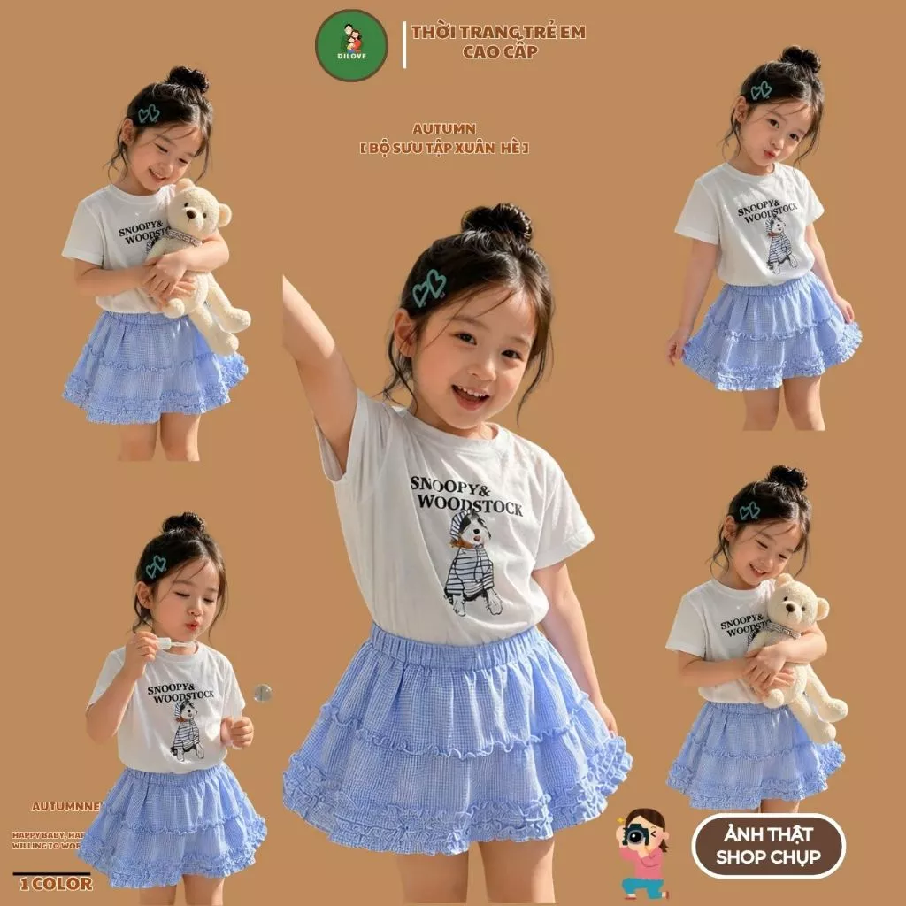 [DILOVE - HÀNG MỚI VỀ] - BST HÈ CAO CẤP XINH XẮN ĐÁNG YÊU CHO BÉ GÁI - Set Chân Váy Caro Xanh Ao Thun Ngắn Tay - V1