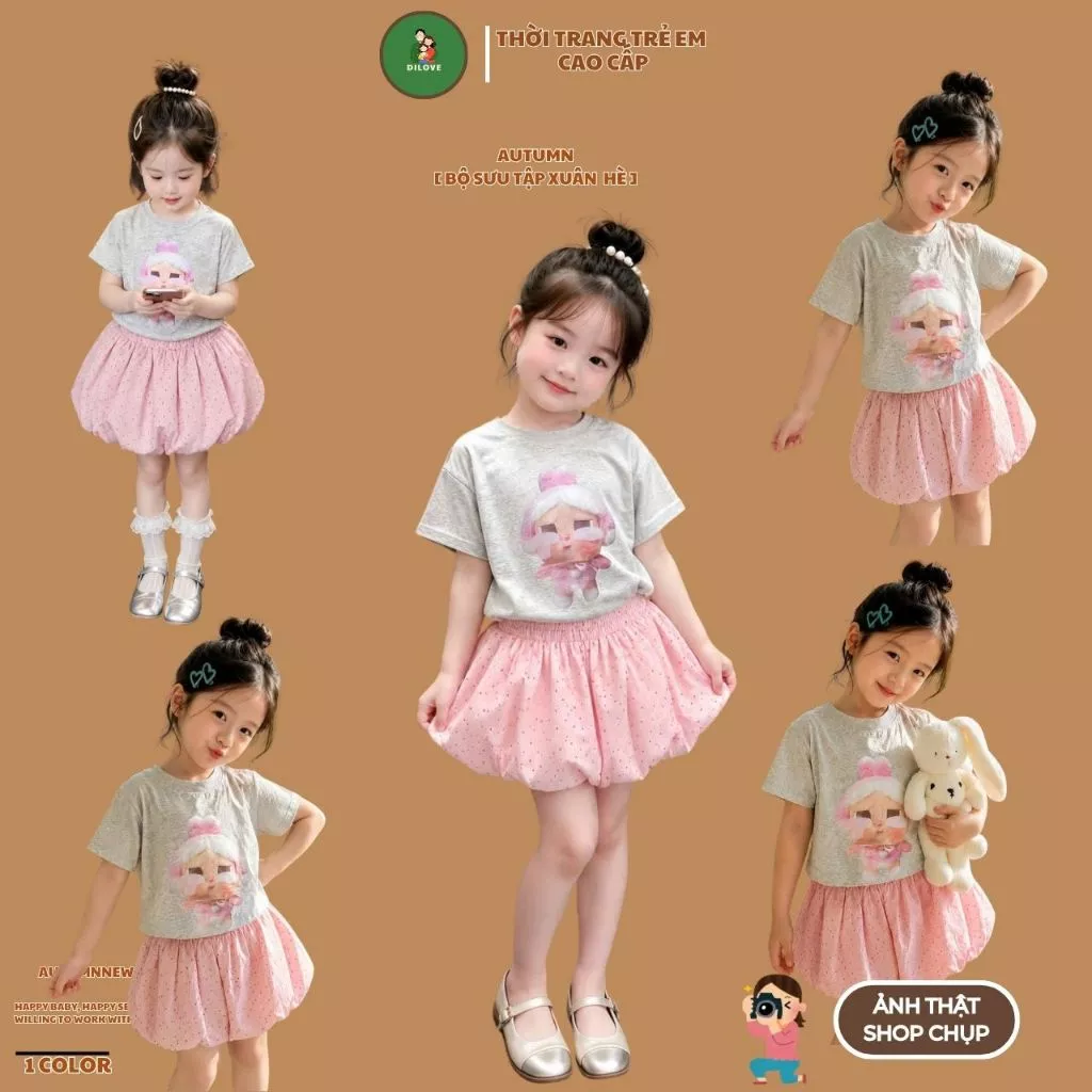 Bộ ngắn tay quần bí hồng kèm áo | Áo 100% cotton bé gái bộ xuân hè bé gái size đại 8-35kg - 1 tuổi - 7 tuổi DILOVE - V9