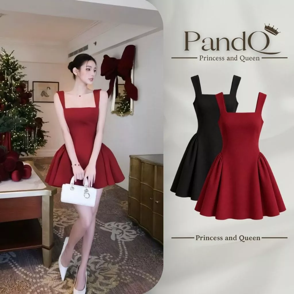 Đầm hai dây nữ P&Q cổ vuông dáng xòe chiết eo tôn dáng phong cách tiểu thư thanh lịch | vd0125