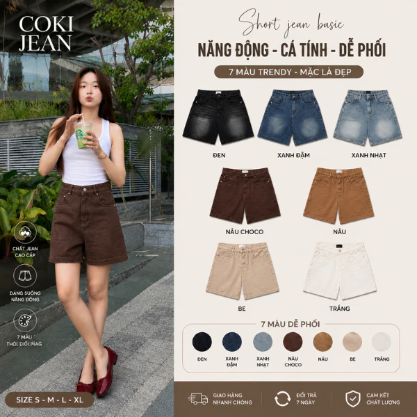 Quần Short Jean Nữ Ngố Ống Rộng Nhiều Màu Lưng Cao Basic