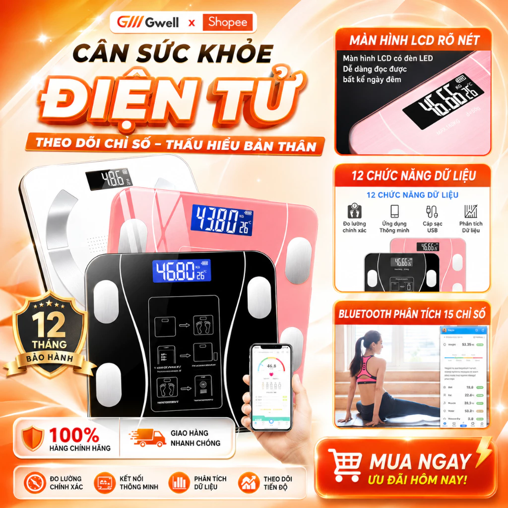 Cân Điện Tử Sức Khỏe Sạc USB Kết Nối Bluetooth Phân Tích Chỉ Số Cơ Thể Trọng Lượng Tối Đa 180kg