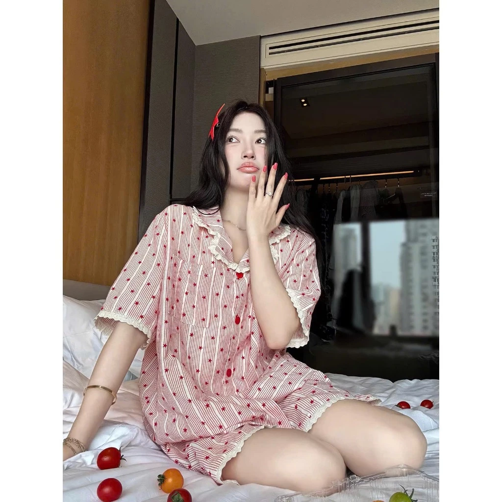 Bộ Đồ Ngủ Pijama Nữ Ngắn Tay Cotton Cloud 135g Họa Tiết Ngôi Sao Cao Cấp - Đồ Mặc Nhà Mùa Hè Thoáng Khí