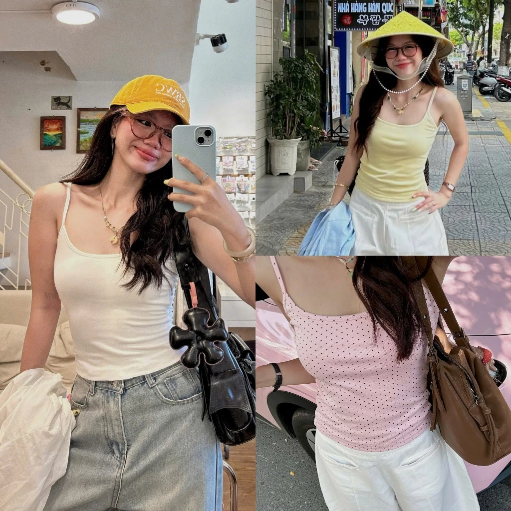 (ẢNH OLDSCHOOL) (KHÔNG CÓ MÚT ĐỆM) Áo thun 2 dây nữ co dãn mùa hè form ôm tôn dáng A425
