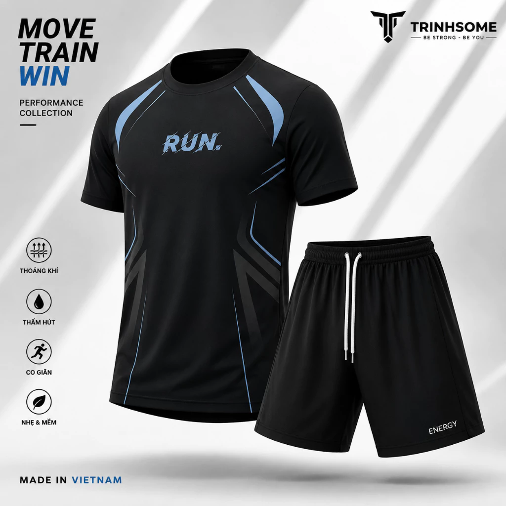 Bộ Quần Áo Thể Thao Nam Nữ RUN & ENERGY Phong Cách Mới Thoáng Khí, Hoạ Tiết Thời Trang, Dây Rút, 2 Túi Quần. MÃ: RUN