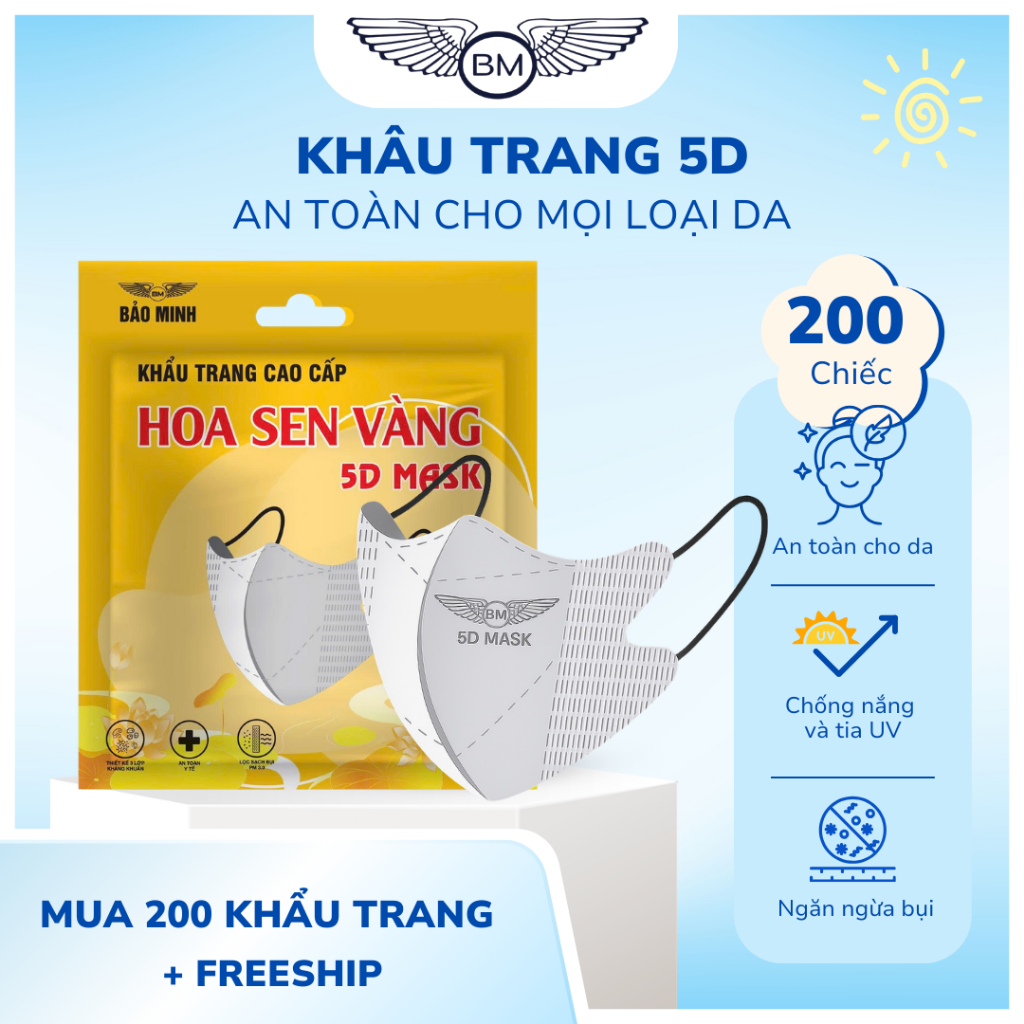 Combo 200 chiếc và 100 chiếc khẩu trang 5D Hoa Sen Vàng, kháng khuẩn, chống…