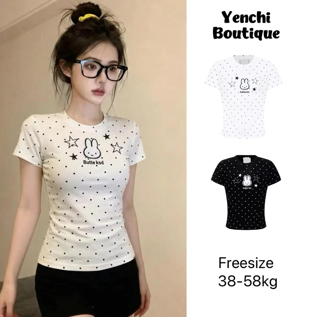 Áo thun nữ ôm body thêu thỏ xù nổi 3D chấm bi, áo thun ngắn tay co giãn mềm mịn tôn dáng freesize 38-58kg