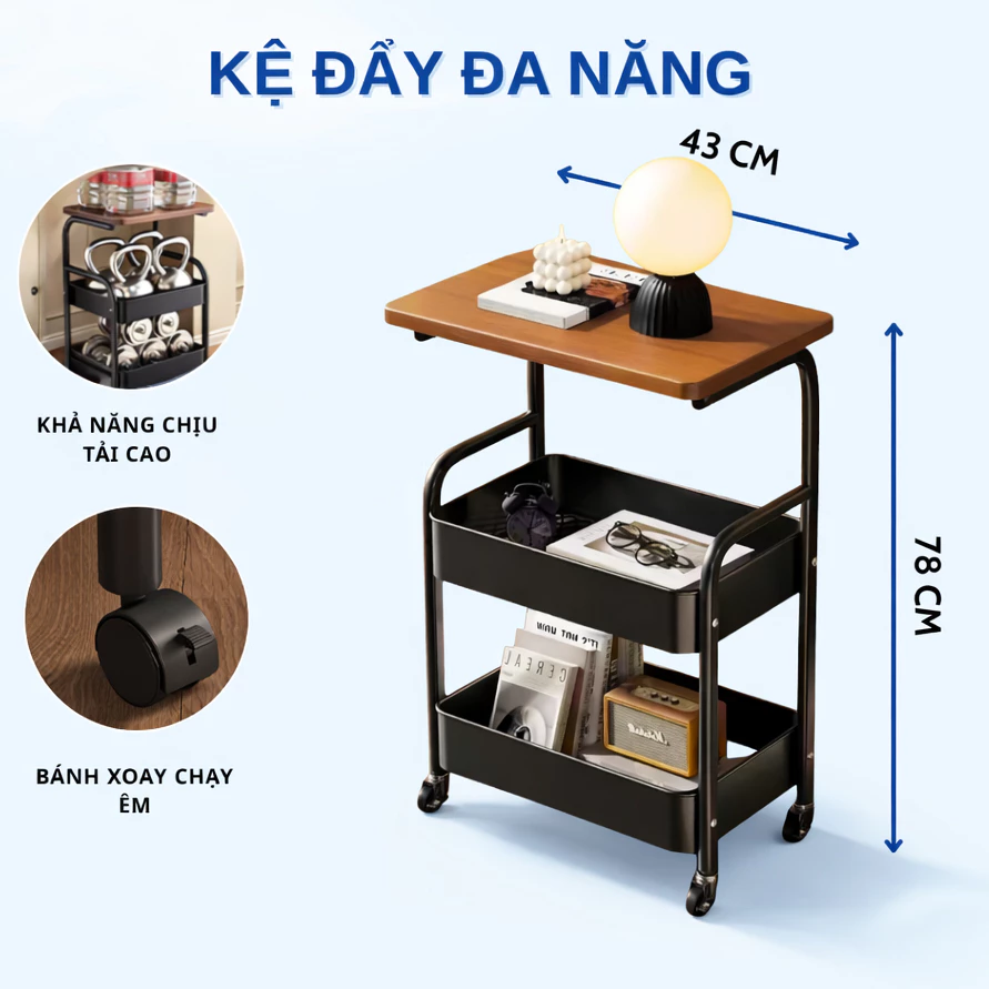 Kệ Để Đồ 3 Tầng Didooglt Đa Năng Mặt Gỗ Sơn Tĩnh Điện Bánh Xe Di Chuyển Linh Hoạt