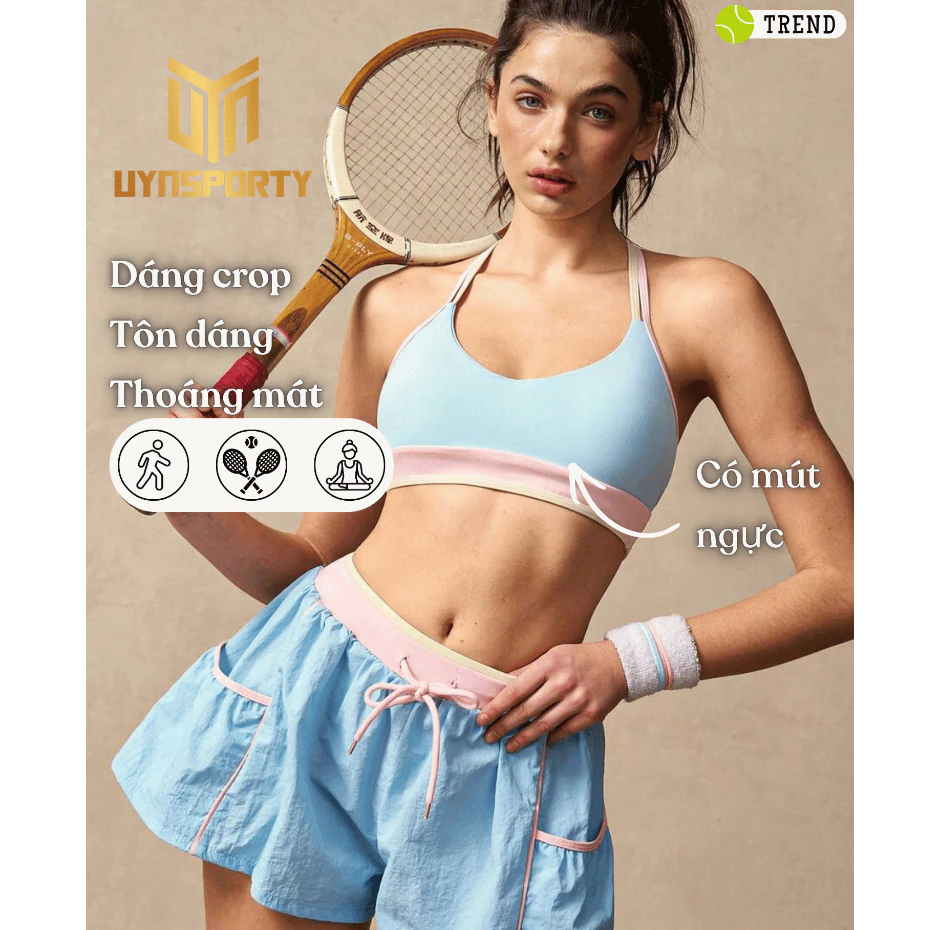 Đồ Tập Pickleball Nữ UYNSPORTY Áo Bra Dây Chéo Lưng Phối Màu, Quần Short Mini, Bộ Đồ Pickleball Nữ