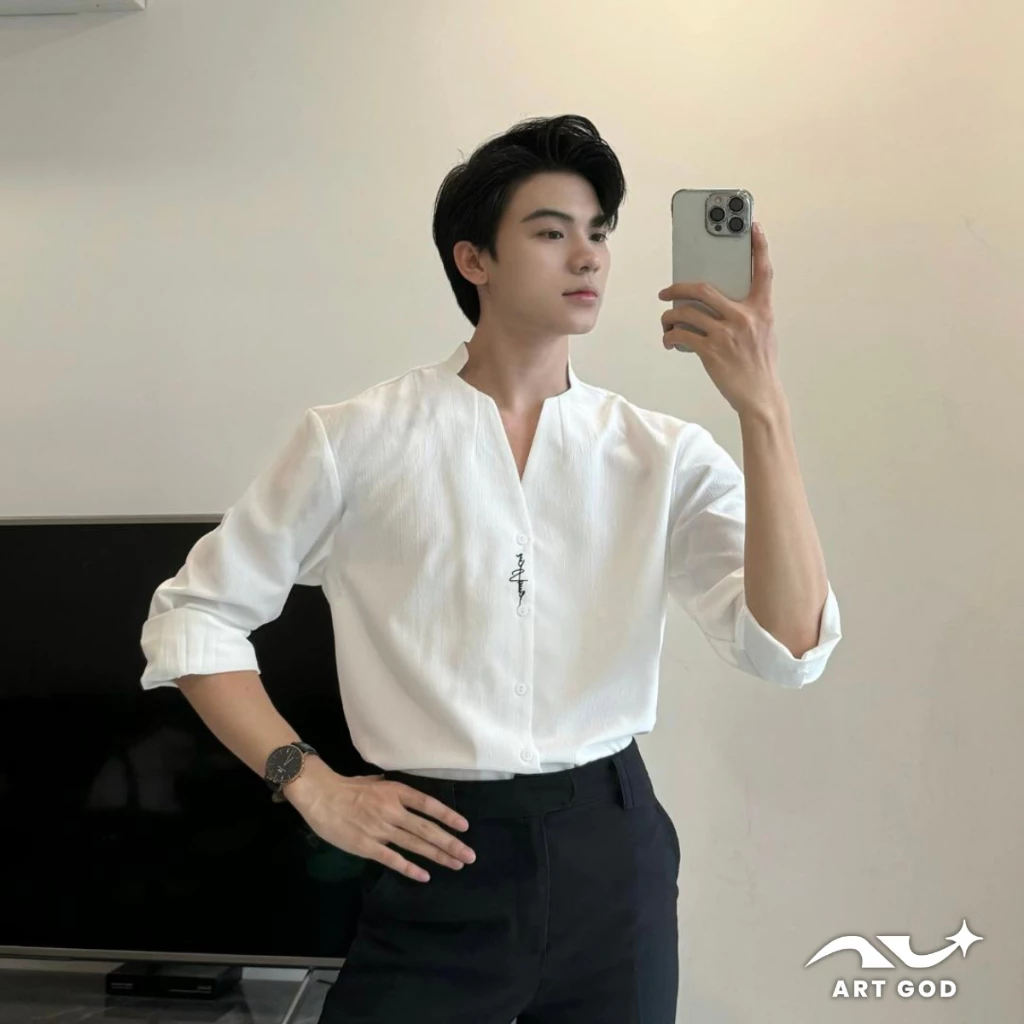 Áo Sơ Mi Nam Thiết Kế Cổ V Cách Điệu, Vải Đũi Sần Mềm Mát ARTGOD HM051