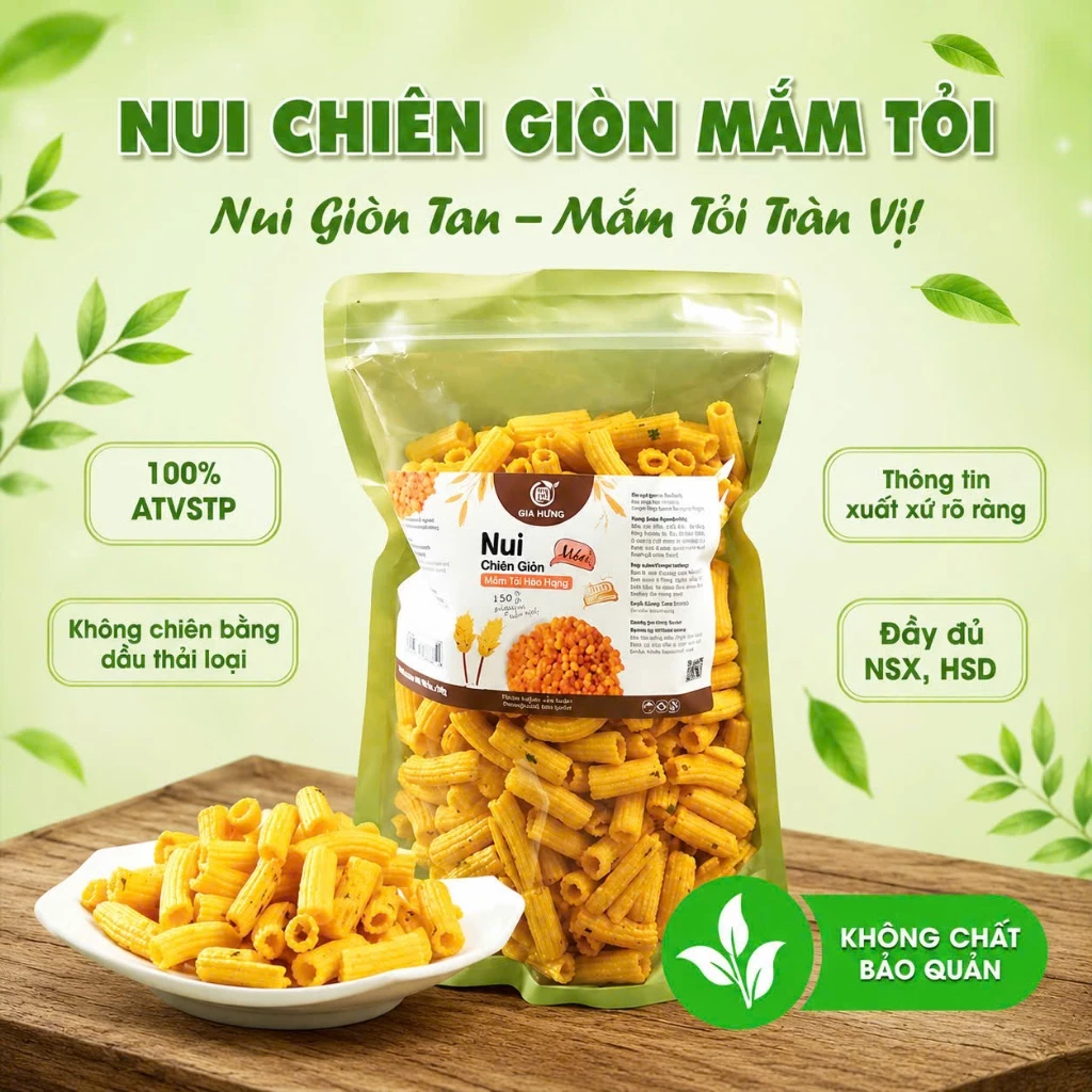 Nui Chiên Giòn Mắm Tỏi loại ngon giòn ngọt xốp phân phối bởi NATURE FOOD
