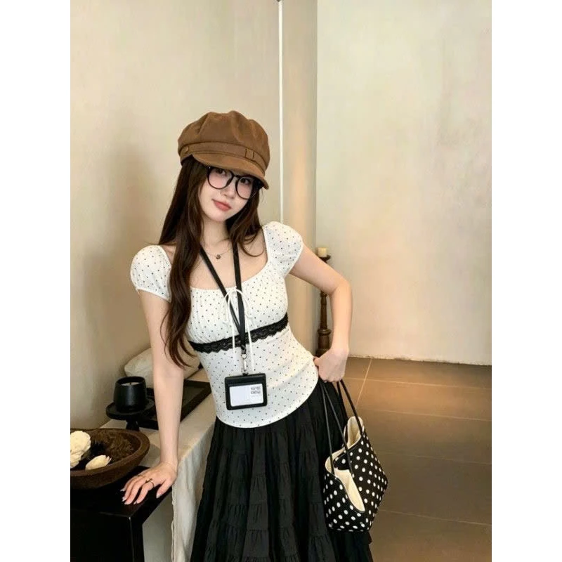 Áo kiểu babydoll chấm bi Miuna thắt nơ, Áo thun nữ tay ngắn cổ vuông tay bèo A30