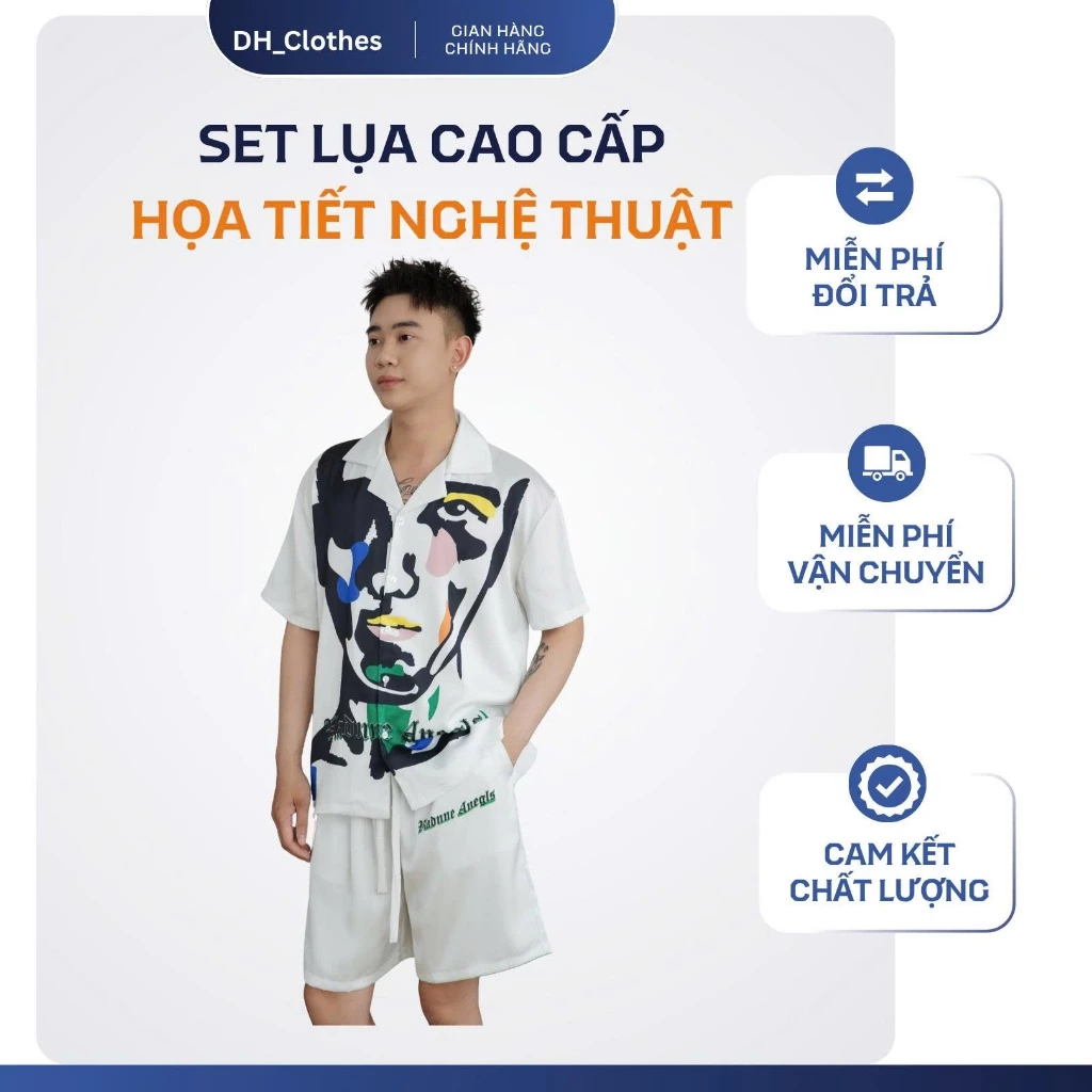 Set Lụa Băng cao cấp Nam Ngắn Tay Họa Tiết Nghệ Thuật  – Đồ Mặc Đi Chơi, Du Lịch Nghỉ Dưỡng Chất Dày, Mát Đứng form