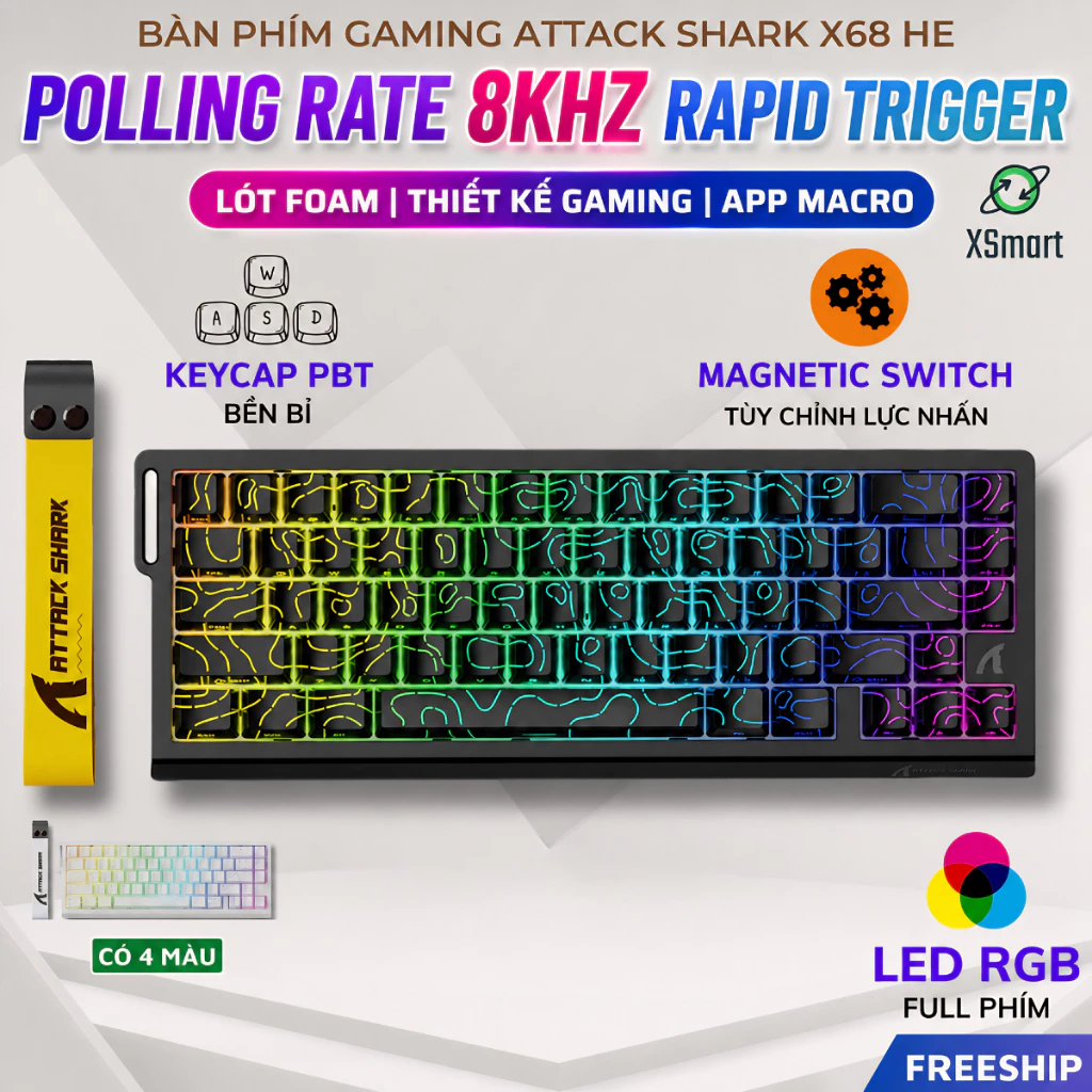 Bàn Phím Cơ Gaming Rapid Trigger Attack Shark X68 HE Polling Rate 8KHz LED RGB Mạch Xuôi