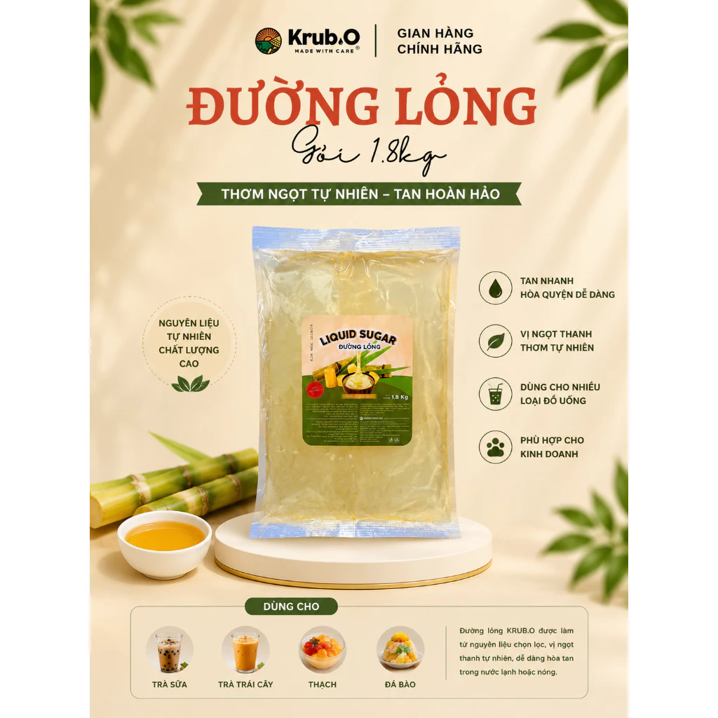 [Chính hãng] Đường lỏng, đường mía Krub.O thượng hạn - gói 1,8kg thùng 8 gói