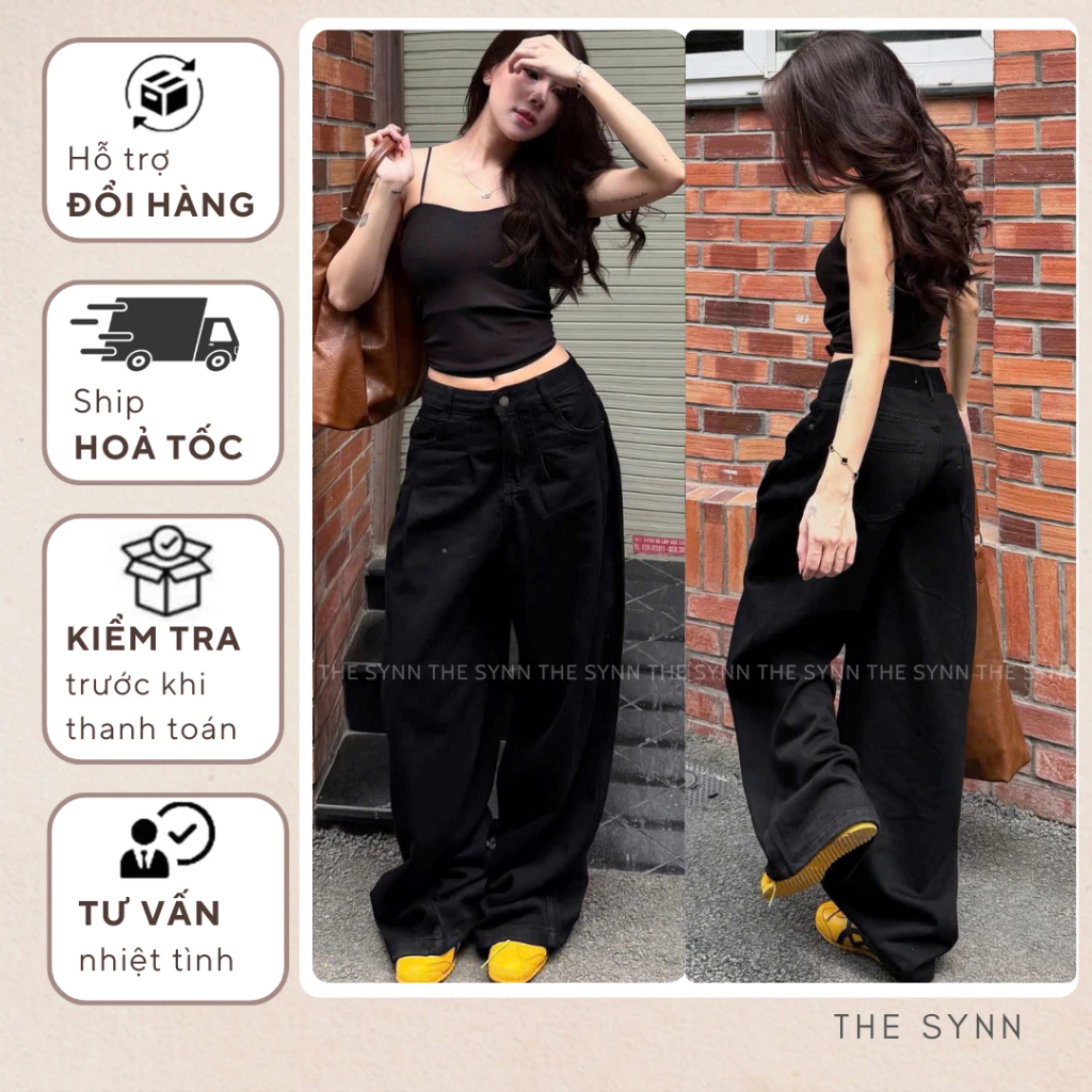 Q21 (S-XL 104-105cm) - Quần Jeans Nữ Ống Rộng Màu Đen Basic The Synn