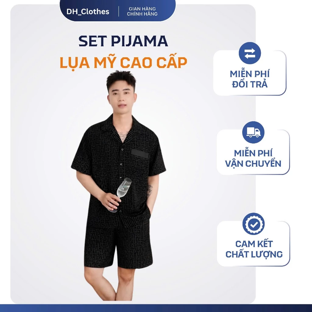 Bộ pyjama lụa MỸ tay ngắn cho nam -Set Bộ mặc nhà quần ngắn cộc tay - Kiểu dáng hiện Đại