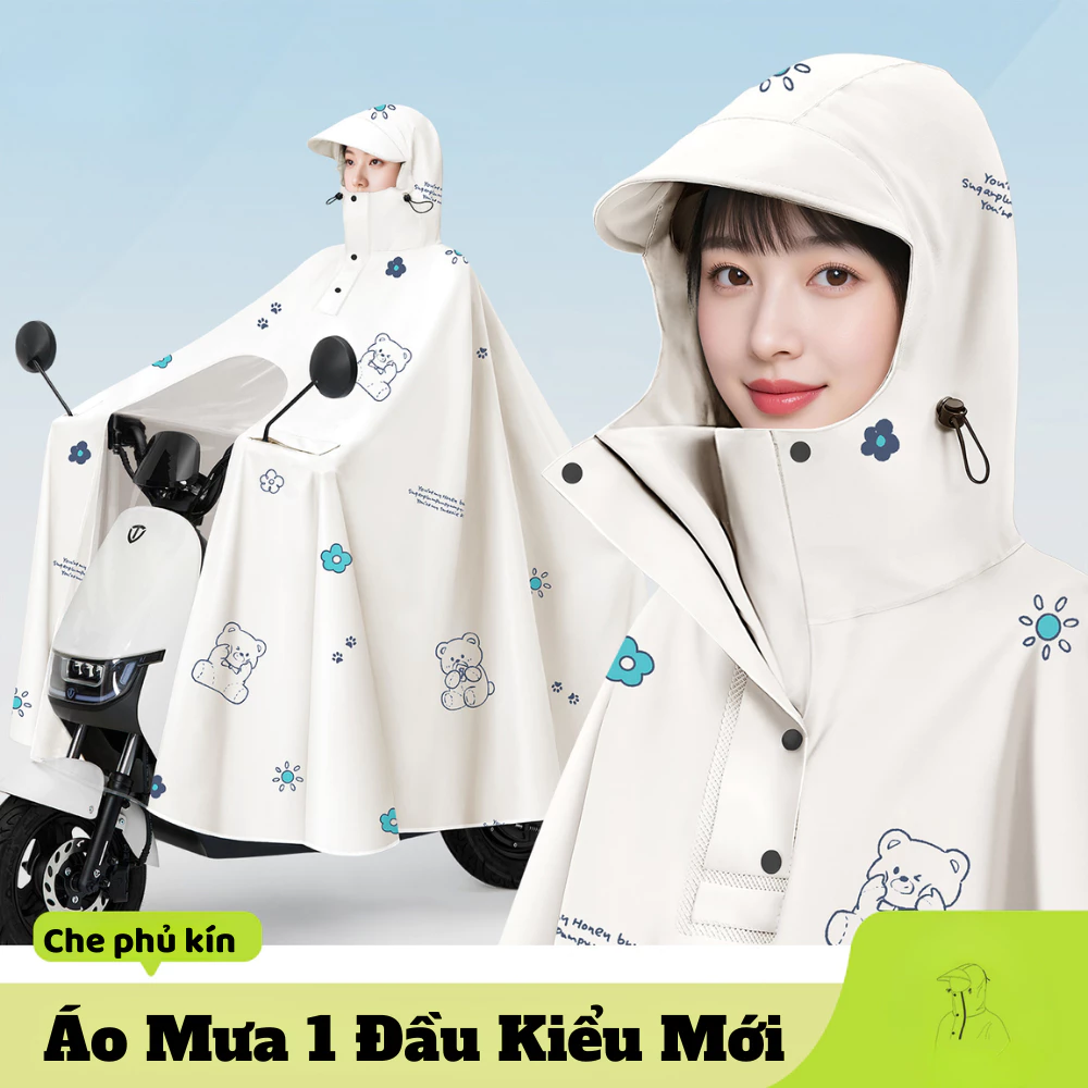 Áo Mưa 1 Đầu Xe Máy Xe Điện DSMART, Phủ Kín Toàn Thân Cổ Cao Chống Tràn Nước Kèm Mũ Rộng Vành