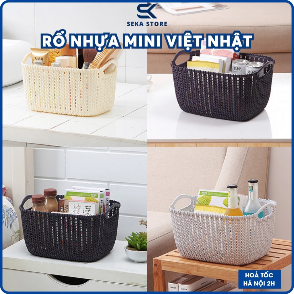 Rổ Nhựa Việt Nhật Đa Năng, Giỏ Nhựa Đan Mây, Giỏ Đan Hàn Quốc Đựng Mỹ Phẩm Có Tay Cầm GDB114