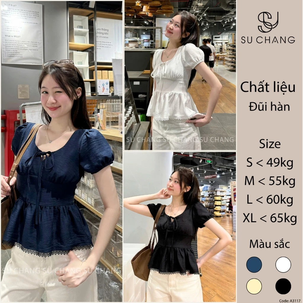 Áo Kiểu Nơ Buộc Bo Eo Tay Bồng Pha Ren A3117 Su Chang Thời Trang Nữ Bigsize