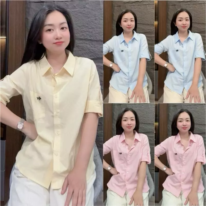 HT33. Áo sơ mi tay lửng trơn gắn tag ngựa Size S M L XL 40-70kg Chất liệu mềm mịn mặc mát Thiết kế đơn giản dễ kết hợp