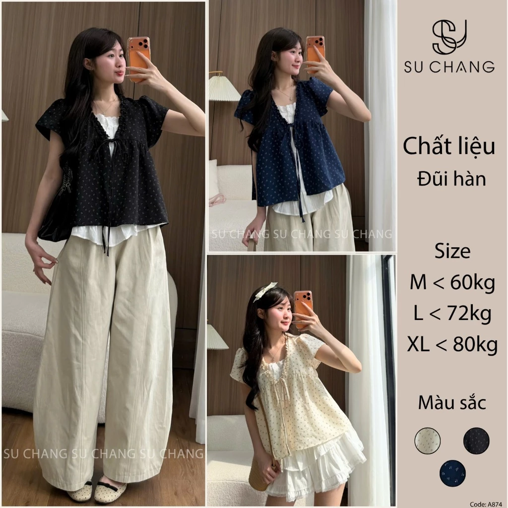 Áo Babydoll Viền Bèo Cộc Tay Hoa Nhí Nơ Ngực Phối Ren Boi Trắng A874 SU CHANG Thời Trang Nữ