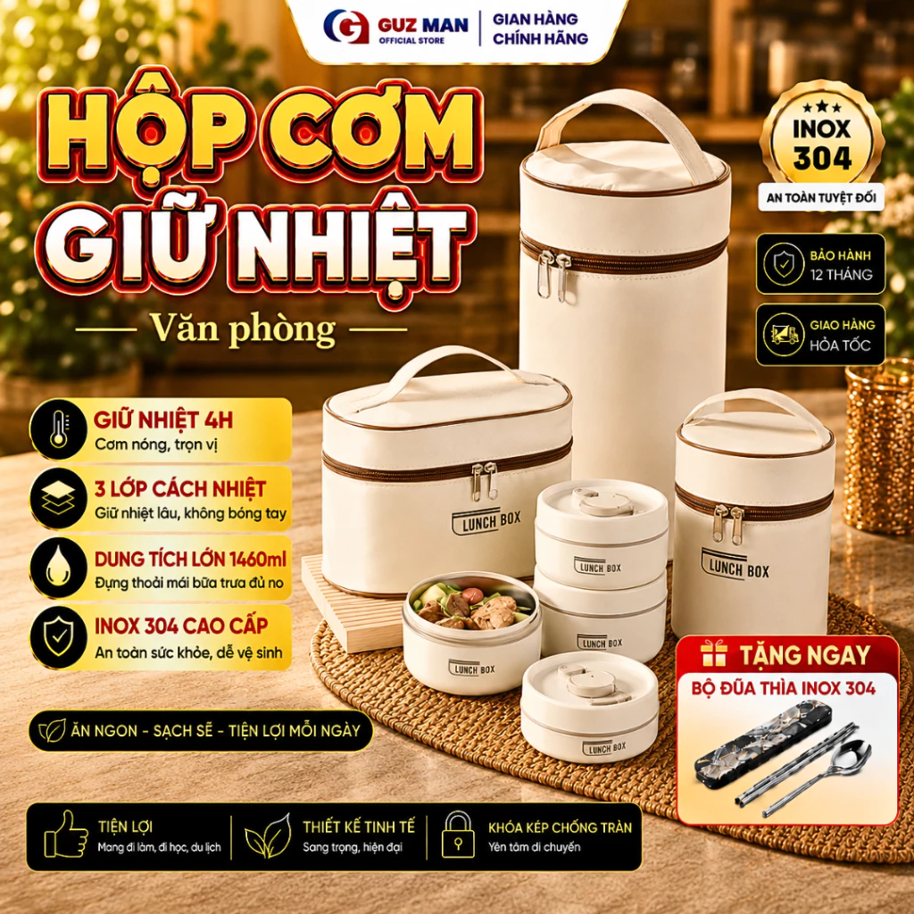 [BÁN CHẠY] Hộp Đựng Cơm Giữ Nhiệt, Hộp Cơm Trưa Văn Phòng Cách Nhiệt 3 Tầng, Thép Không Gỉ Tiện Lợi