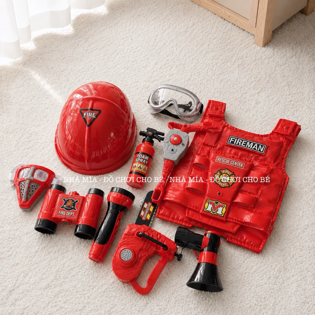 Fireman Heẻo – Bộ Đồ Chơi Cứu Hoả Nhập Vai Cho Bé Tiệm Nhà Mía Xe Cứu Hoả, Bình Xịt, Mũ Bảo Hộ, Đồ Chơi Hướng Nghiệp