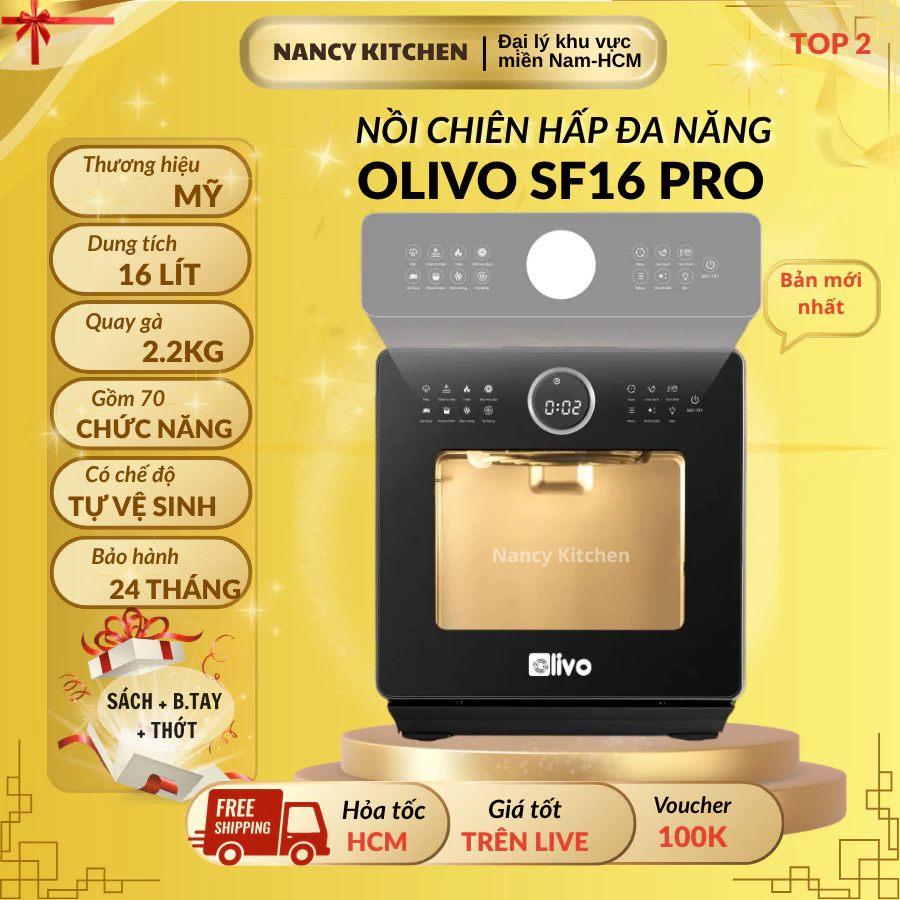[Chính hãng] Nồi chiên hơi nước Olivo SF16 Pro,16L,70 chế độ nấu,công suất 2800w,bảo hành 24 tháng