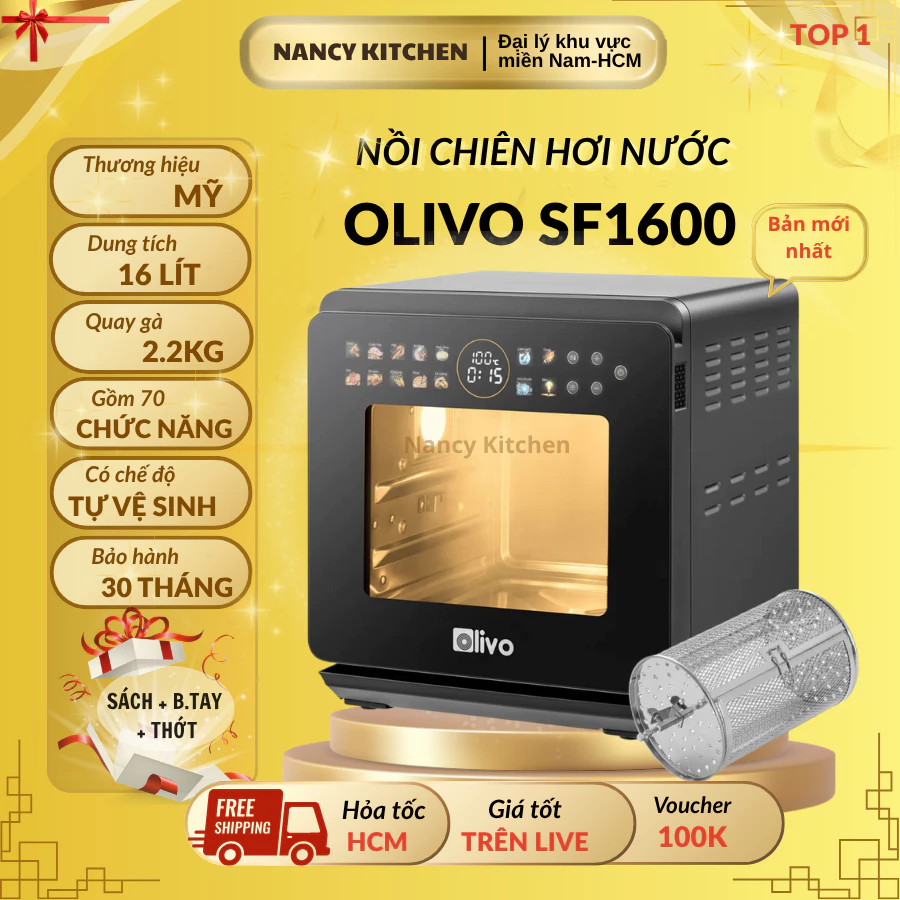 [Chính hãng] Nồi chiên hơi nước đa năng Olivo SF1600,Công nghệ Eco Fry,màn hình Oled,công suất 2800W