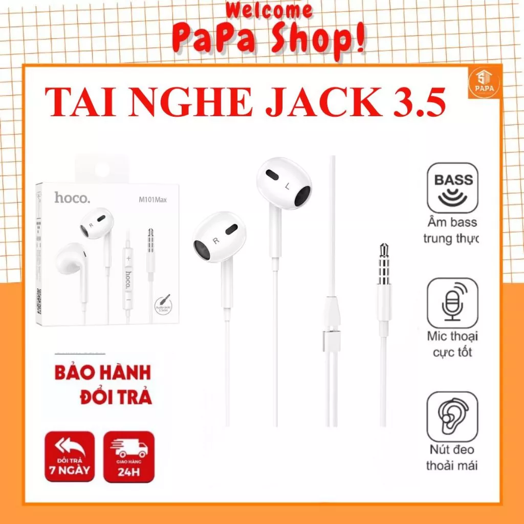 Tai nghe dây Hoco M101 Max chui tròn 3.5 - Hàng chính hãng âm bass to rõ, có mic đàm thoại [PAPA]