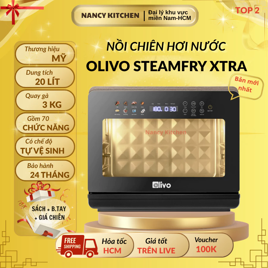 [Chính hãng]Nồi chiên hơi nước Olivo SteamFry Xtra,bản cao cấp 20 lít,70 chức năng,bảo hành 24 tháng
