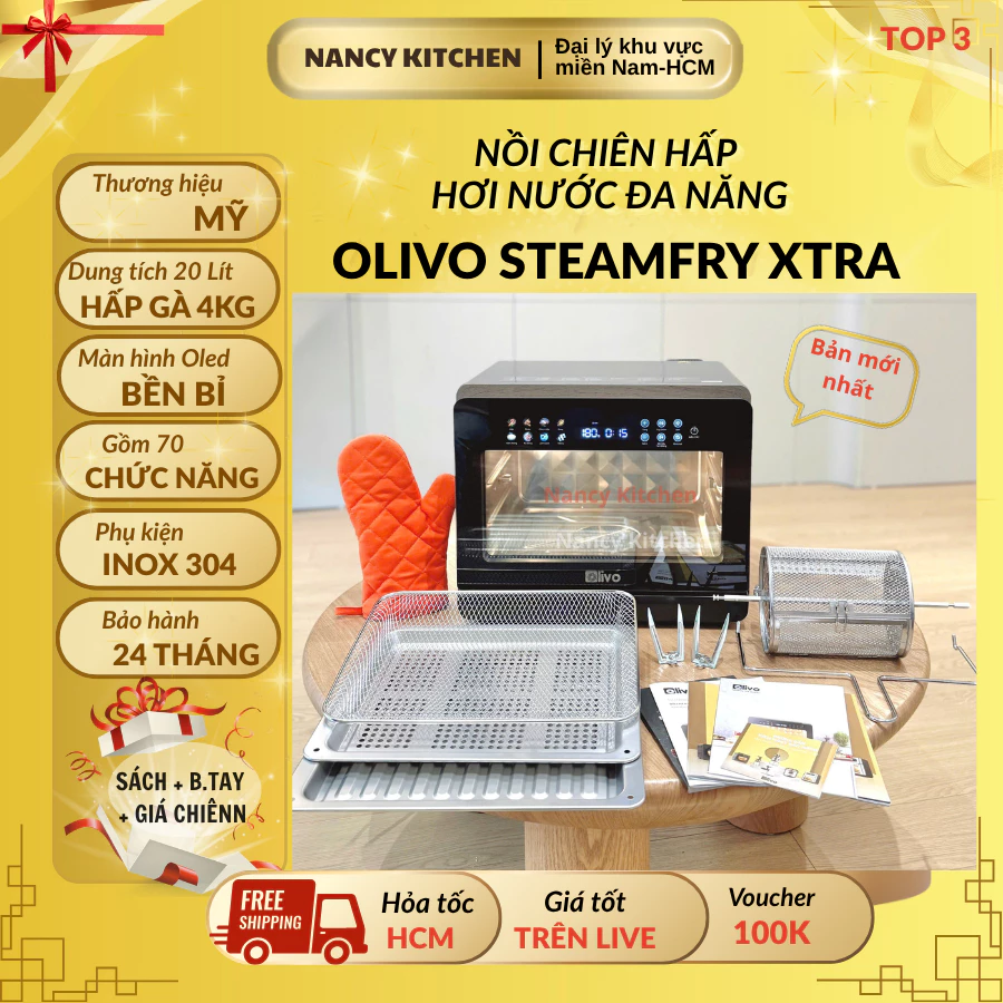 [Chính hãng] 1.Nồi chiên hơi nước olivo Steamfry xtra,20L, full phụ kiện,tặng sách nấu ăn và bao tay