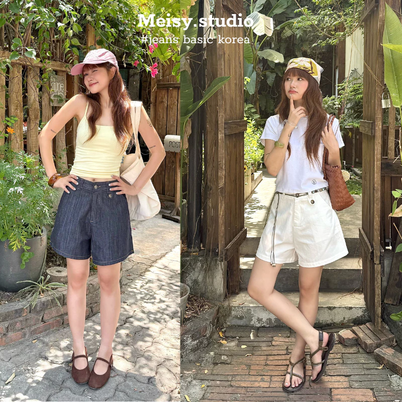 Quần short túi vuông chất liệu cotton kết hợp vải Viscos và lụa mát, phong cách basic Hàn Quốc Meisy S26TV