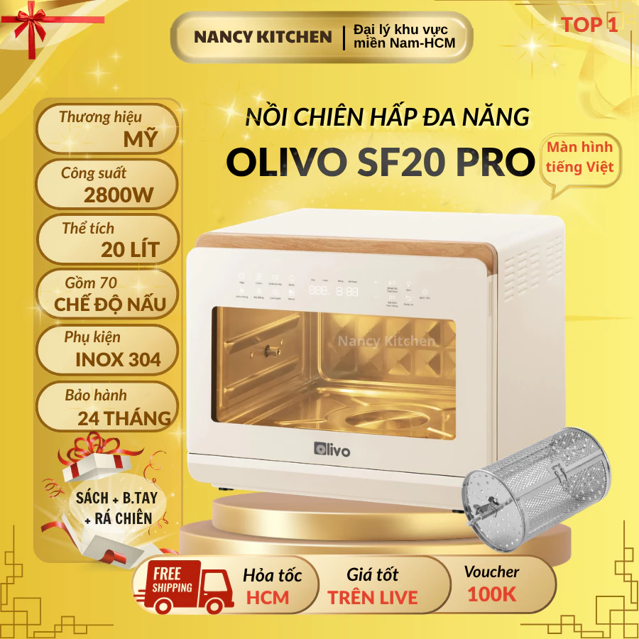 [Chính hãng] 1.Nồi chiên hấp đa năng Olivo SF20 pro,thể tích 20L, 70 chức năng,công nghệ Nano steam