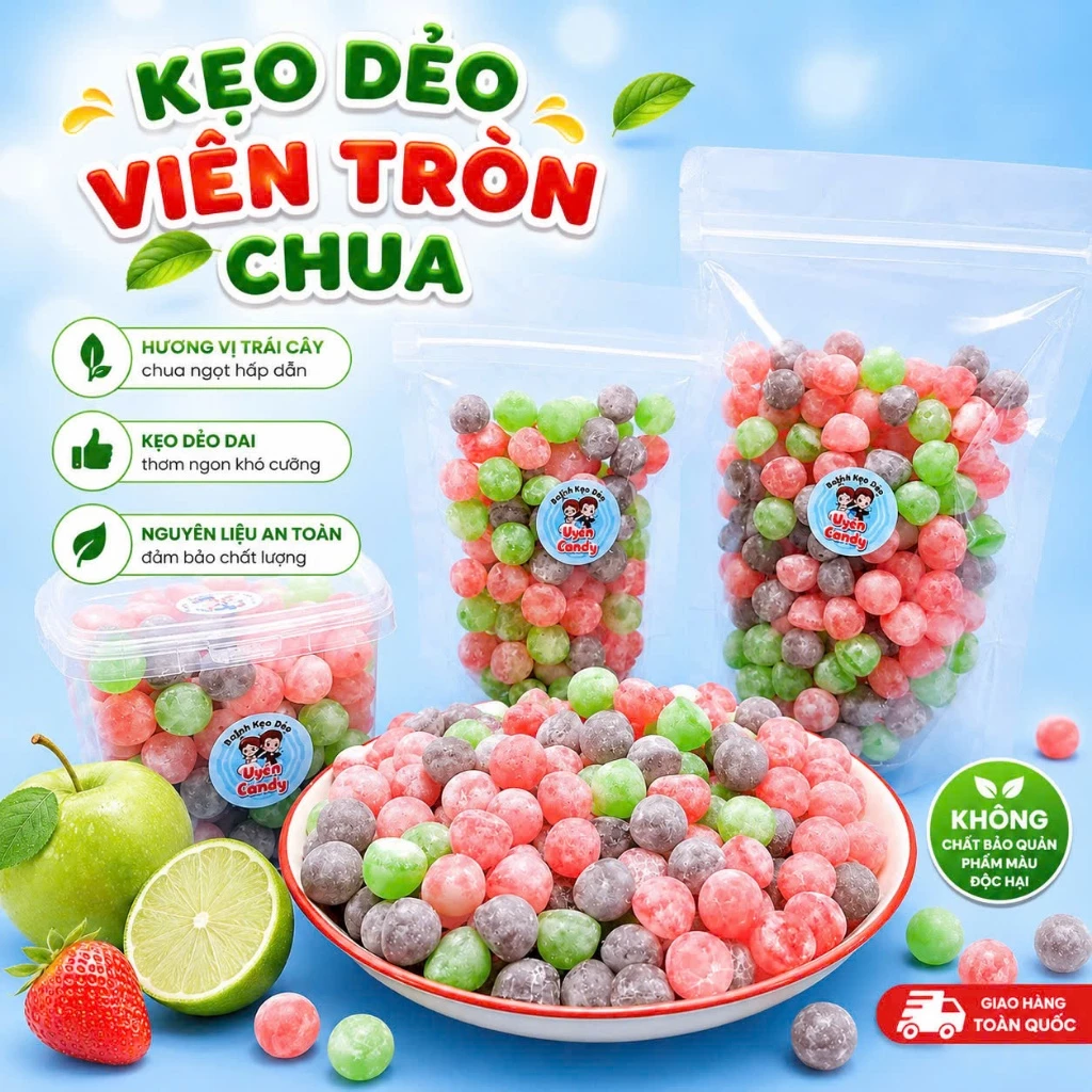 Kẹo Dẻo Viên Tròn Chua, Vị Thiện Chua Nhiều, Mix Vị Trái Cây, Dễ Ăn Không Bị Ngán