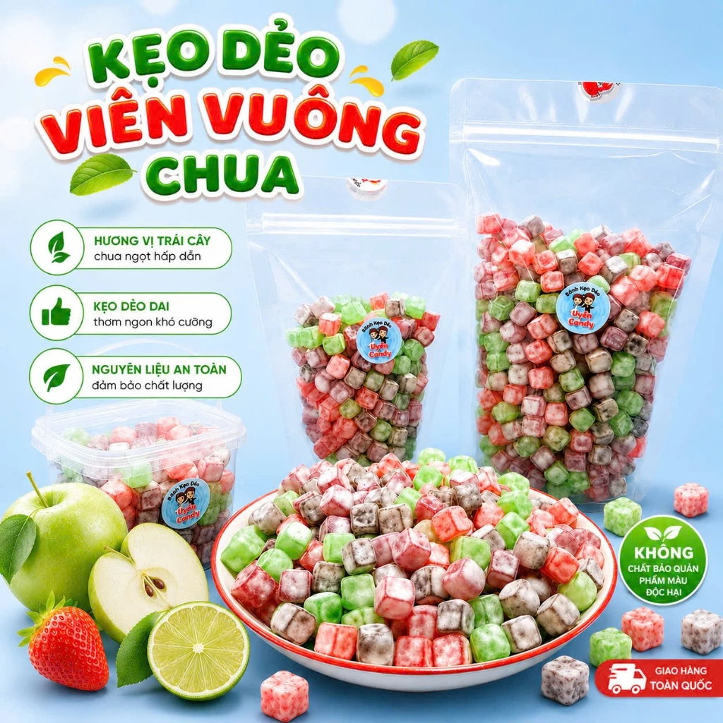 Kẹo Dẻo Viên Vuông, Viên Tròn Chua, Vị Chua Nhiều, Mix Vị Trái Cây, Dành Cho Bạn Nào Thích Ăn Chua