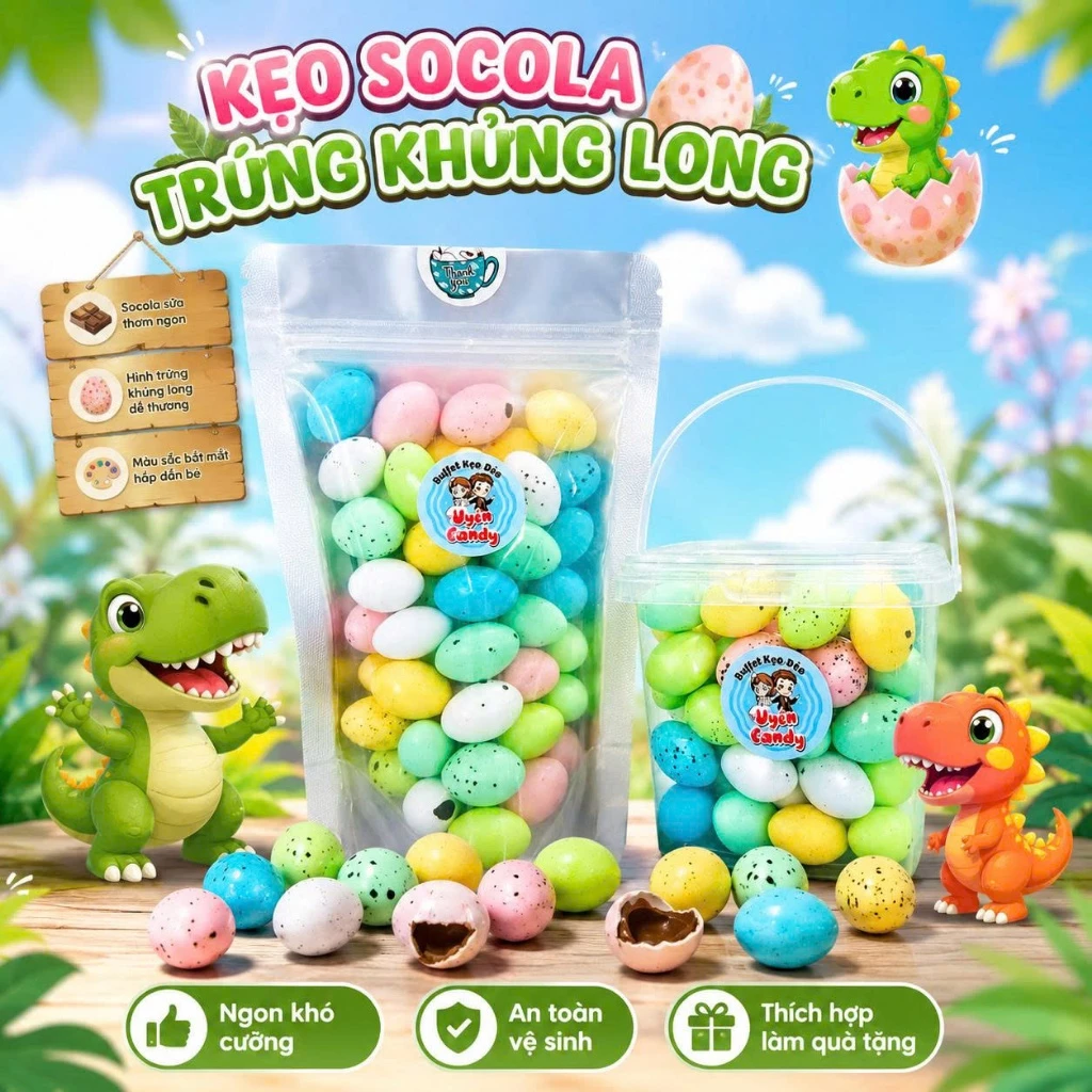 Kẹo Socola Hình Trứng Khủng Long Nhiều Màu Sắc, Vị Thiên Ngọt, Đóng Gói Dạng Xô Nhựa Và Túi Zip