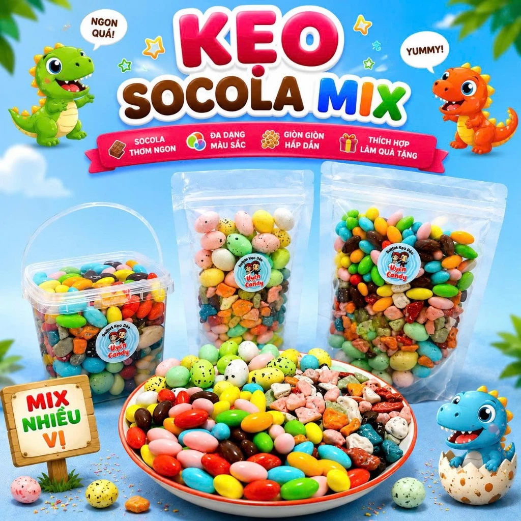 Kẹo Socola Mix 3 Loại, Trứng Khủng Long, Sỏi Đá, Nhộng Socola, Vị Thiên Ngọt Cho Bạn Nào Thích Ngọt