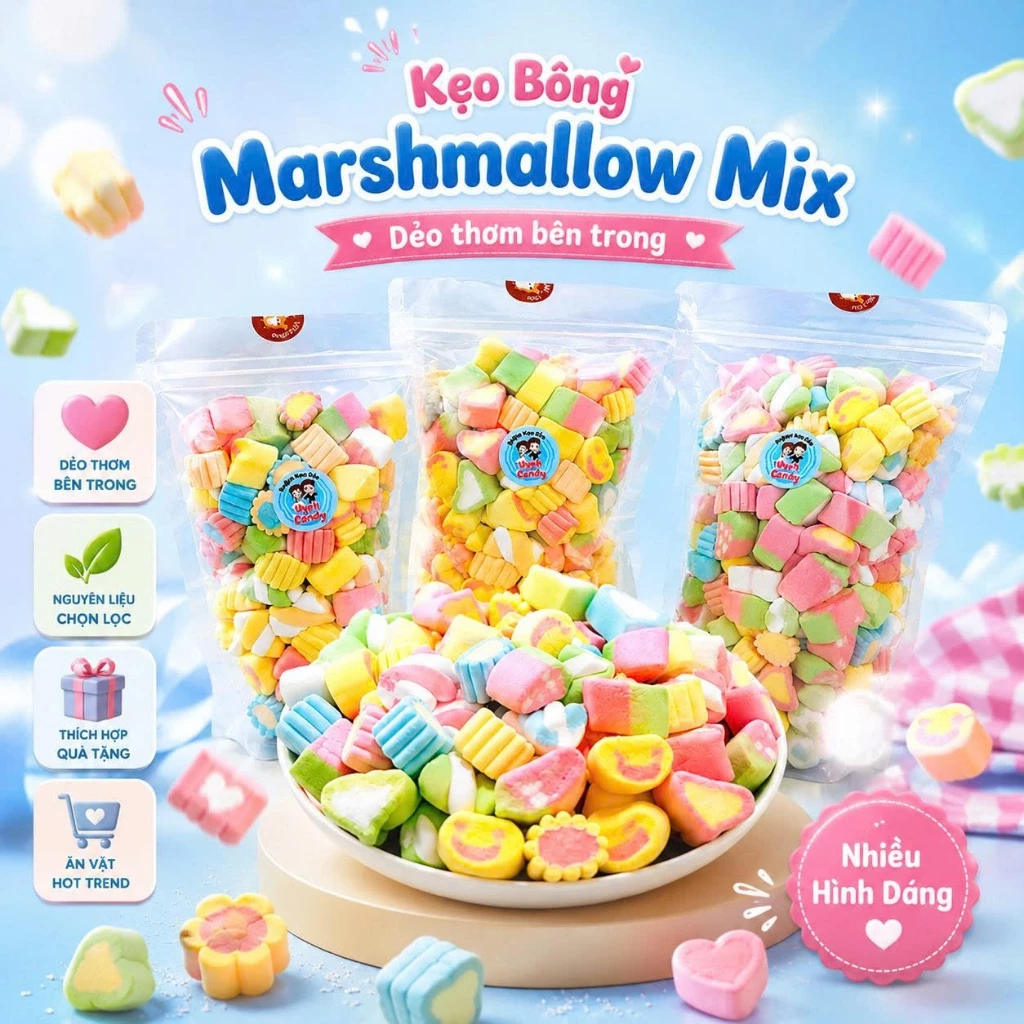 Kẹo Marshmallow Mix Full Topping – Kẹo Bông Dẻo Nhiều Hình Cute, Ngọt Mềm Tan Ngay